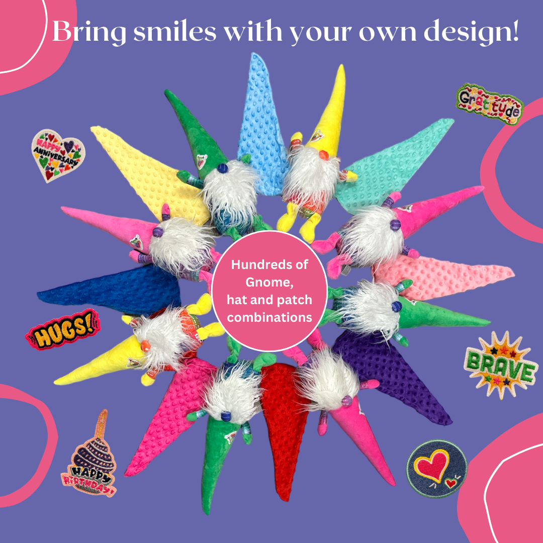 Colorful gnomes on purple background, adding whimsy