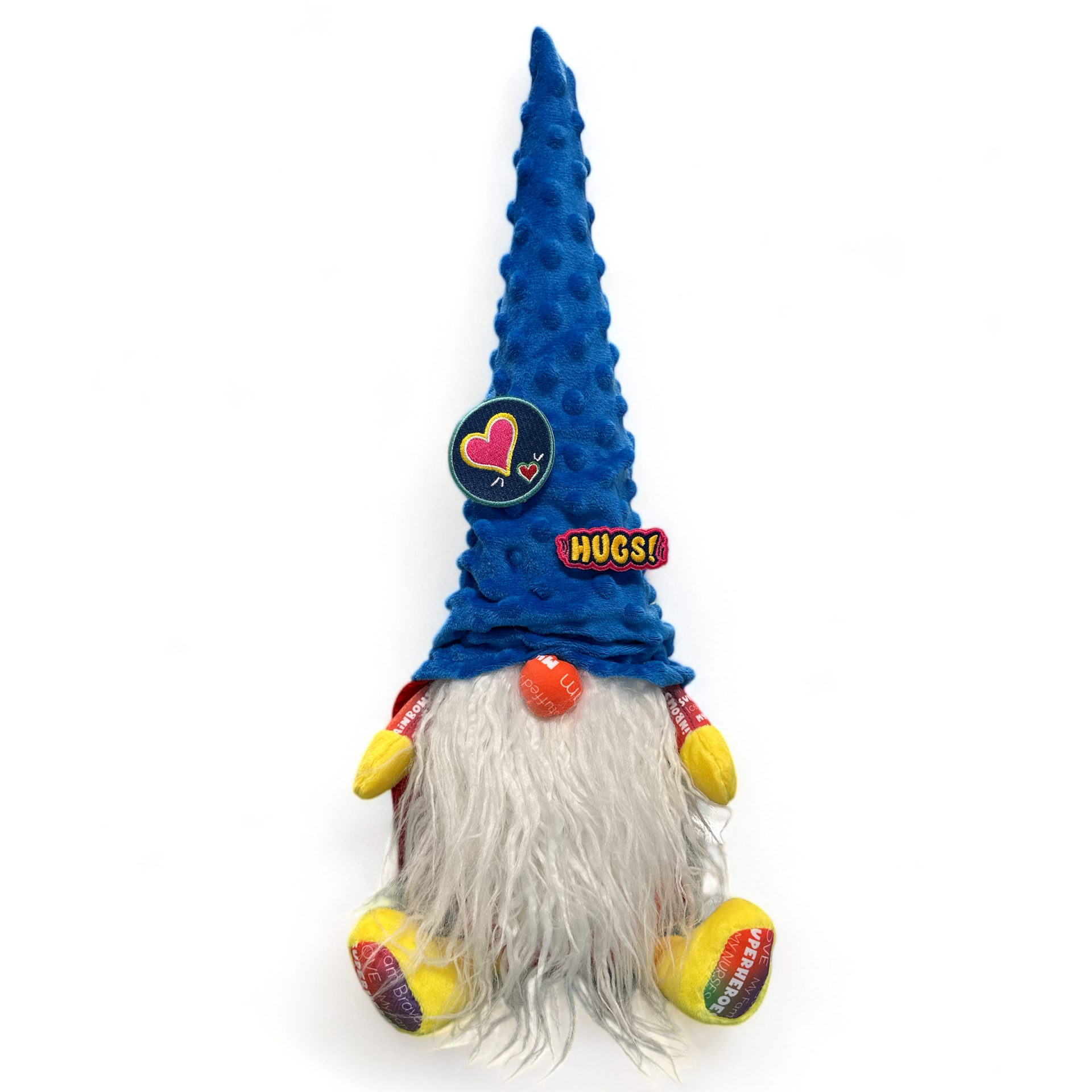 Whimsical gnome toy with blue hat and colorful feathers