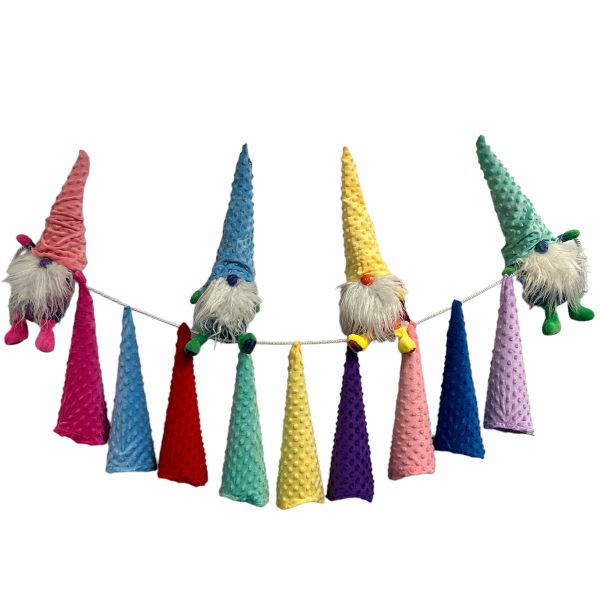 Colorful gnomes dangling, adding vibrant pop to scene