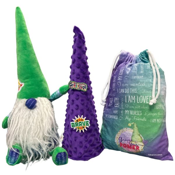 Charming gnome with purple and green attire, carrying bag
