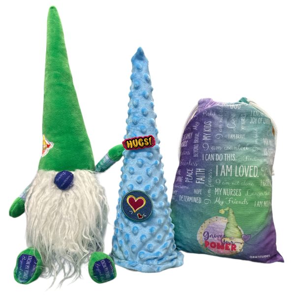 Whimsical stuffed gnome with hat and bag, adds charm